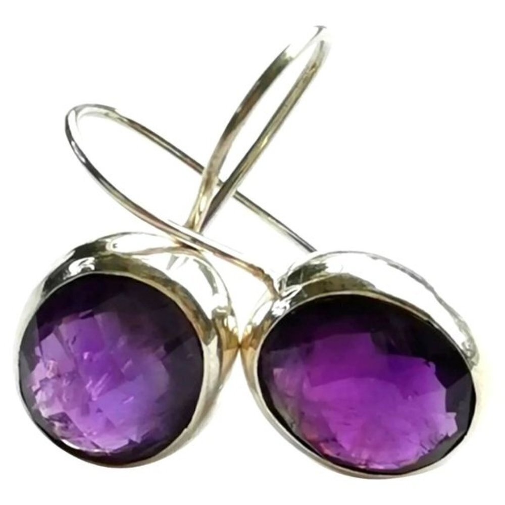 Modernist sterling silver checkerboard cut Amethyst drop earrings 🆕